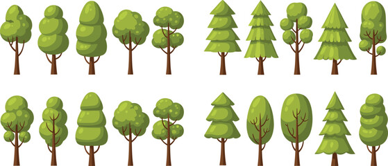 Green tree vector collection featuring various cartoon deciduous and evergreen pine forest trees with brown trunks for nature environment and outdoor landscape graphic design. © Aminul