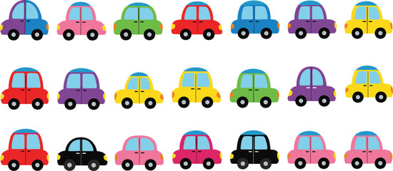Obraz premium Cute cartoon car vector set featuring small colorful toy vehicles in bright primary colors for kids nursery decor children's books and educational transportation games.