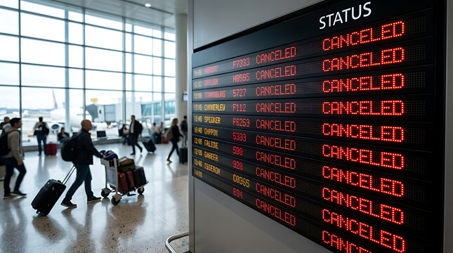 Digital airport flight information display board showing canceled status for multiple international airline departures