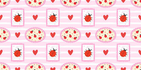 Pattern flower kawaii and frame ladybug patchwork with seamless spring floral. Cute girly check and texture stripe wallpaper with ornament summer cottagecore. Fruit pattern illustration. © alia.kurianova