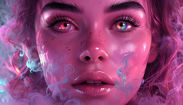 primo piano dai colori accesi e forti del volto di una donna che fuma una sigaretta, close-up of the bright and strong colors of a woman's face smoking a cigarette.