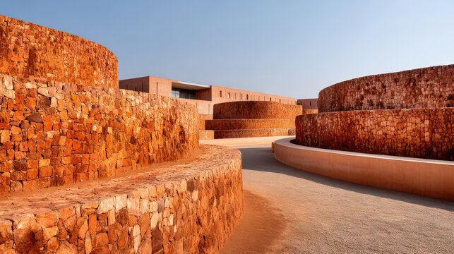 Curved stone walls with a modern architectural design on a clear day, featuring warm-toned rocks and a smooth pathway.