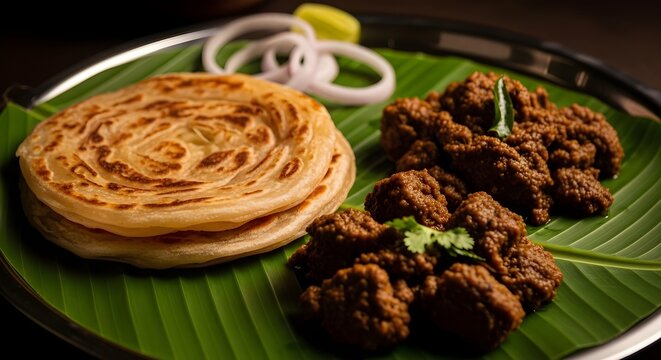 Kerala parotta and beef fry traditional south indian cuisine on banana leaf