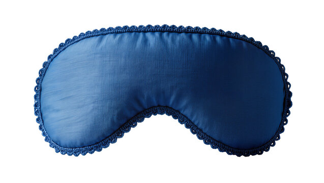 Dark blue satin sleep mask with decorative scalloped trim, isolated on transparent background