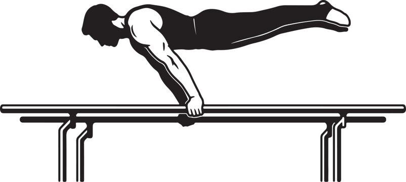Powerful Gymnast Planche Silhouette on Parallel Bars &ndash; Black Strength Hold Vector Illustration