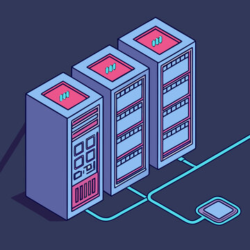 isometric server farm with glowing neon cables digital data center illustration in purple and blue high quality