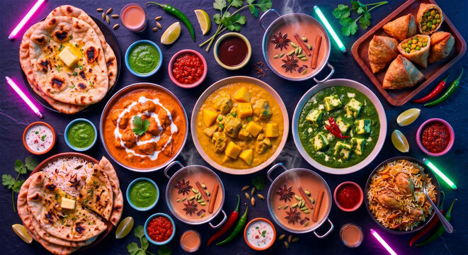 Indian Food Set. Colorful Indian cuisine spread featuring various dishes like paneer, samosas, naan, and chutneys arranged on a dark surface with vibrant garnishes and decorative elements