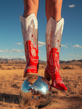 Sparkling rhinestone cowboy boots balancing on mirrored disco ball in an arid western desert scene. Glam country fashion and y2k disco styling for premium lifestyle branding and music promotion.