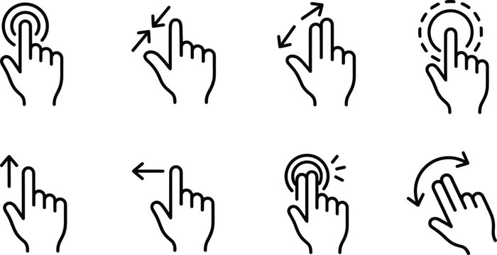 Vector Set of Touch and Gesture Icons Including Tap, Swipe, Scroll, Drag, and Pinch for Mobile and Web Interface Design
