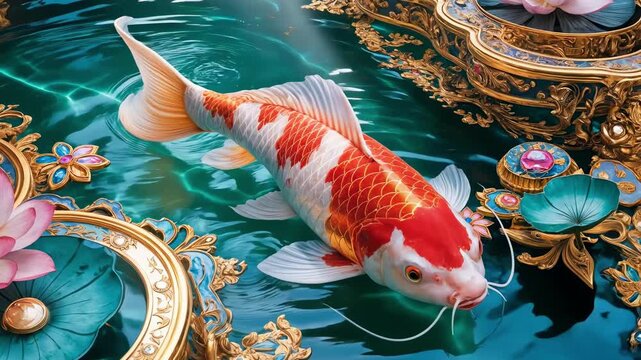 Dreamy Fantasy Koi Swimming Above Golden Floral and Jewel Details