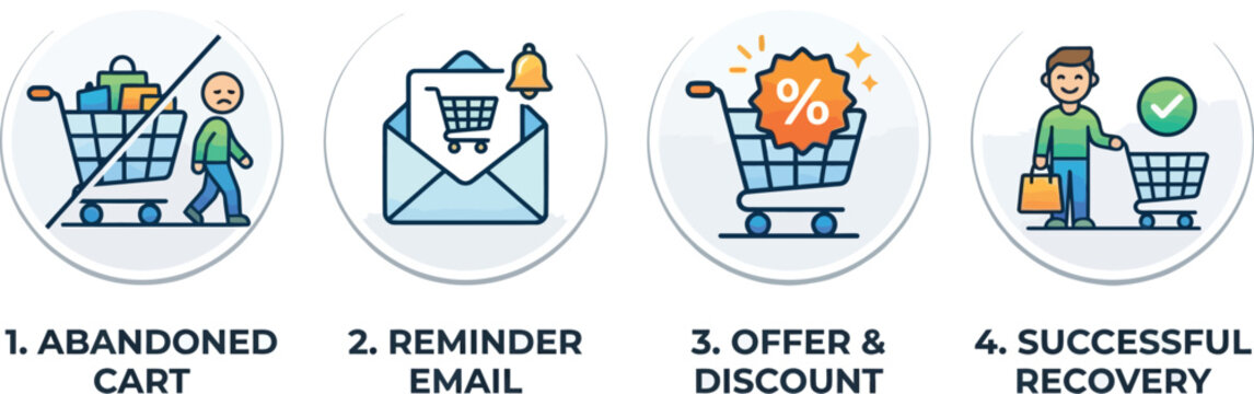Shopping cart recovery process is illustrated in four simple circular.