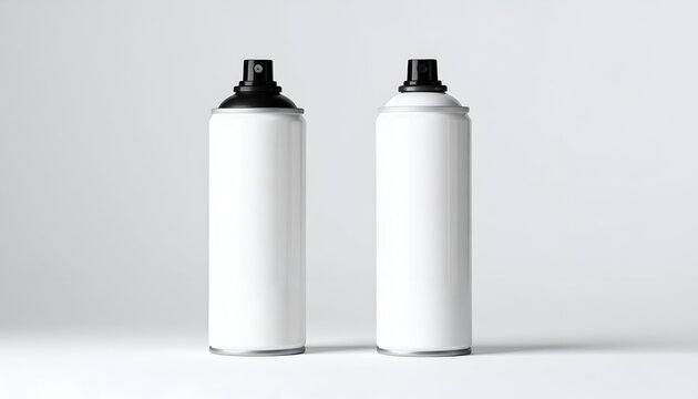 Two white spray cans with black nozzles on a light gray background