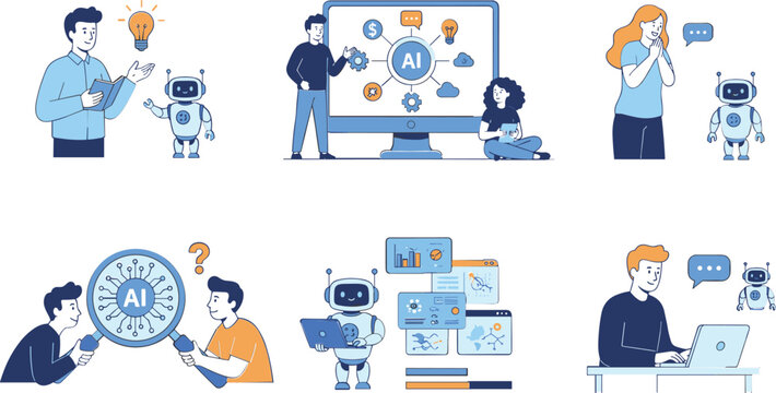 Artificial Intelligence Technology Concept Set with People Working with AI Robot and Chatbot Flat Illustration