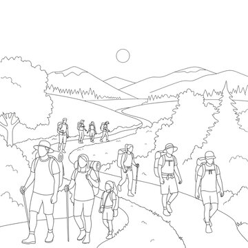 People hiking on a winding trail.