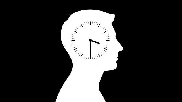 Man head with moving watch hands. Time management and productivity concept. Simple graphic style, 2d animation. Transparent background, alpha channel, ProRes 4444.
