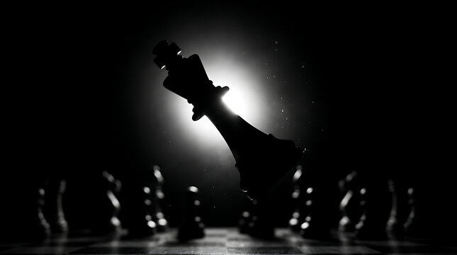 Silhouette of a fallen chess king against a spotlight in darkness with board game mind game over loss of power strategy checkmate darkness silhouette spotlight competition tournament