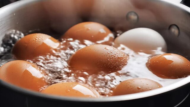 Closeup of brown and white eggs boiling in a pot of water.