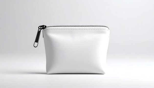 Square, white zippered pouch on white backdrop with black zipper and pull tab