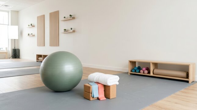 Pregnancy safe exercise studio with fitness ball and yoga props