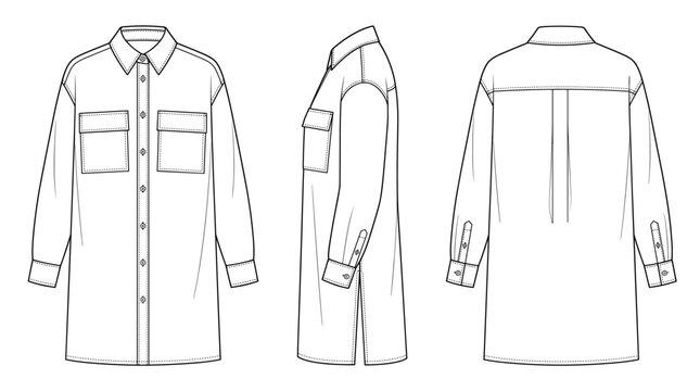 Longline button shirt technical drawing blueprint with front side back and top views CAD line art vector illustration