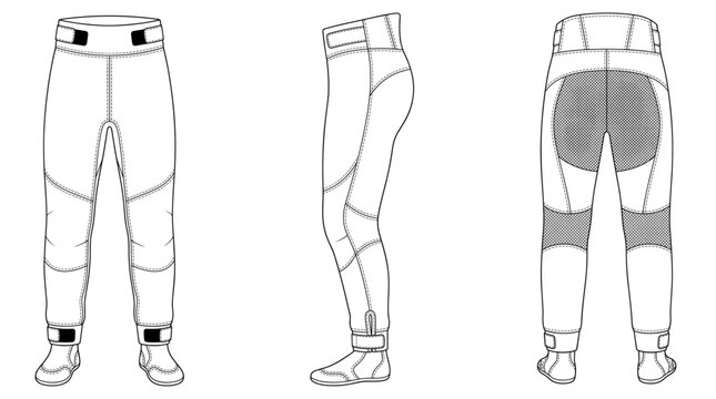 Kayaking pants dry suit technical drawing blueprint with front side back and top views CAD line art vector illustration