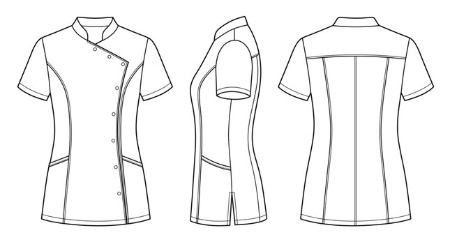 Medical tunic technical drawing blueprint with front side back and top views CAD line art vector illustration