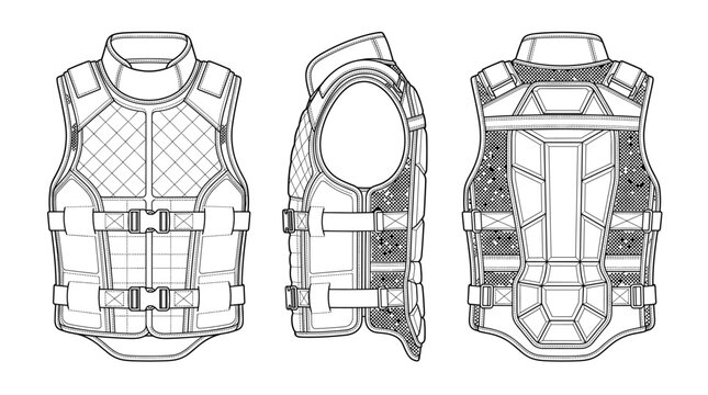 Protective vest technical drawing blueprint with front side back and top views CAD line art vector illustration