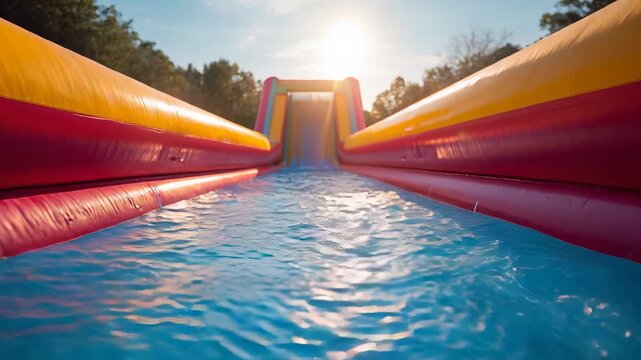 Colorful yellow red inflatable water slide leading into bright blue water under sunny sky with trees background
