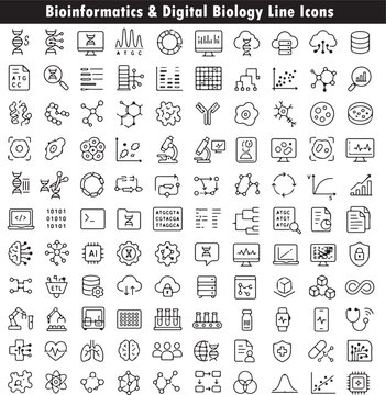 100 Bioinformatics and Computational Biology Vector Line Icons Set