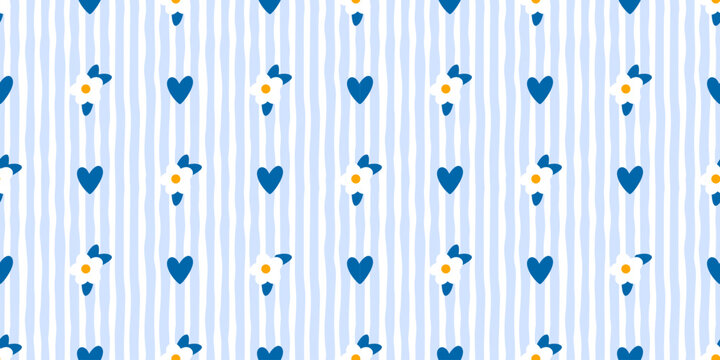 Pastel gingham seamless pattern with cute daisy flower. Spring featuring soft blue plaid or check design. Fabric tiny daisies within.