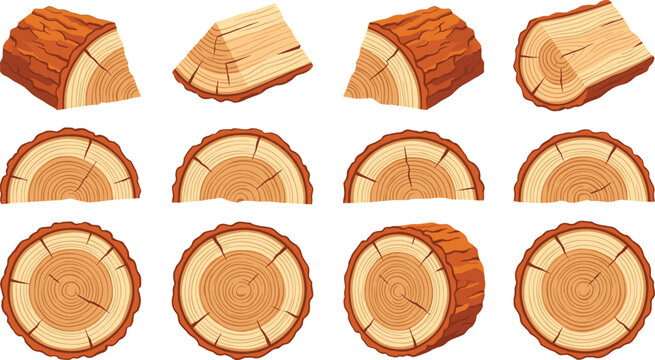 Wooden Log and Tree Stump Set with Natural Texture and Rings for Forest, Nature, and Rustic Decor Illustrations