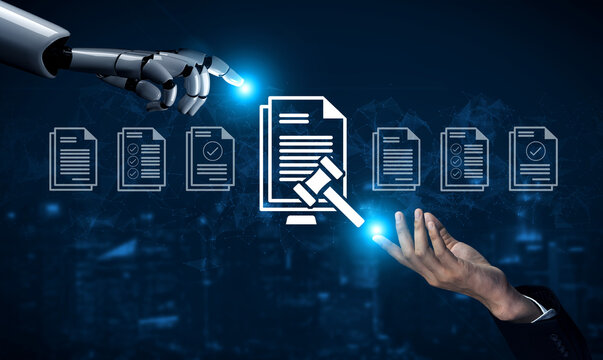 A dynamic representation of the intersection between artificial intelligence and law, featuring a robot hand and legal documents in a digital backdrop, symbolizing innovation and automation. Ledger