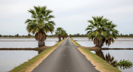 Fototapeta premium A scenic asphalt road stretching through flooded rice fields lined with palm trees under a cloudy sky