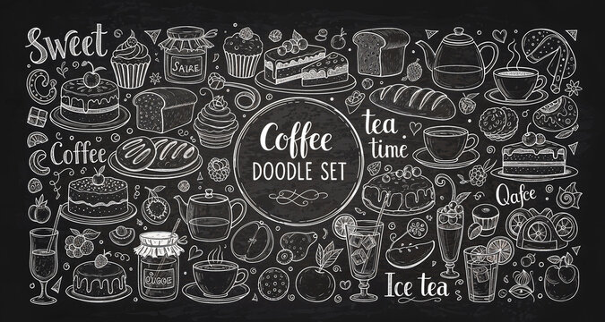 Coffee doodle set chalk style hand drawn icons with sweet desserts on blackboard texture.