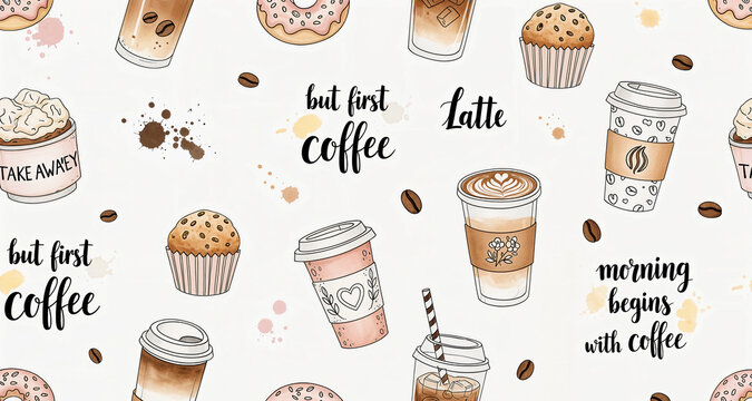 Coffee shop watercolor seamless pattern with latte cups donuts muffins and calligraphic text.