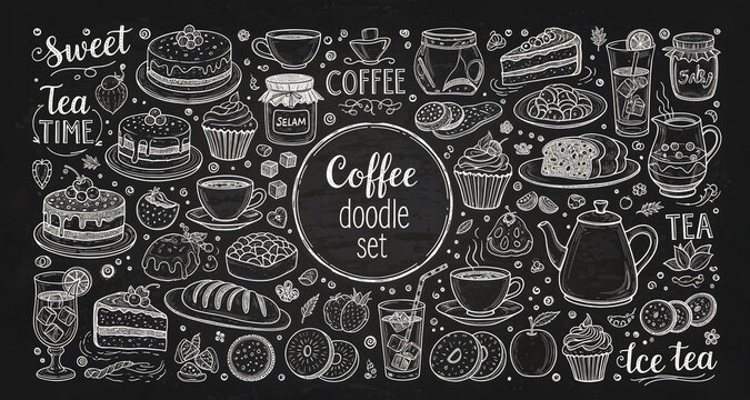 Coffee shop doodle set with desserts and drinks on chalkboard background vector chalkboard.