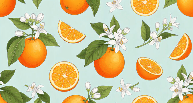Orange fruit and white blossom seamless pattern botanical illustration on blue background.