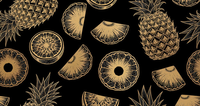 Pineapple slices and fruits vintage pattern background etched illustration.