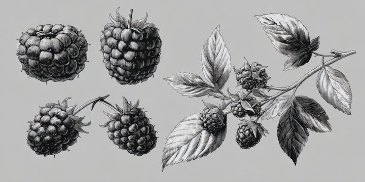Detailed black and white botanical illustrations of raspberries and a raspberry branch with leaves in a vintage engraving style on a light gray background