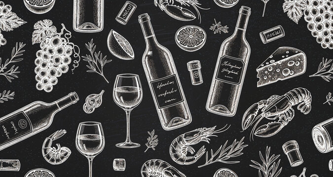 Vintage wine and seafood seamless pattern chalk style illustration with lobster and grapes.