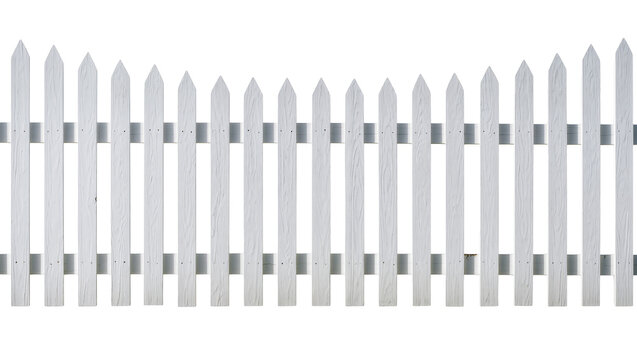 Classic white picket fence with pointed tops, isolated on transparent background