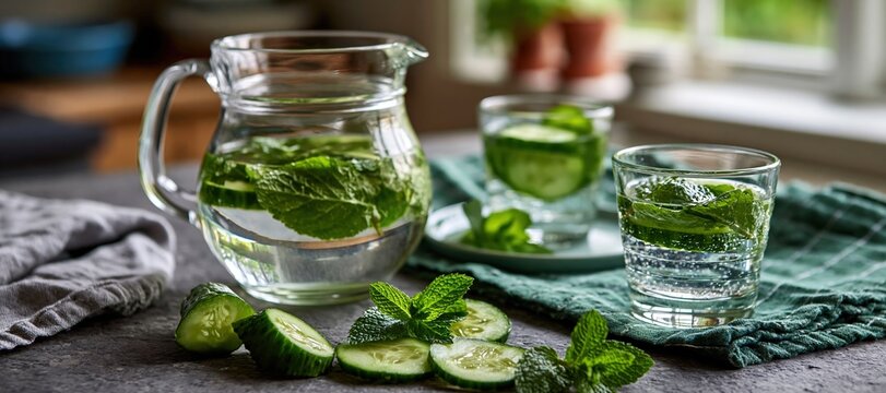 Glass pitcher of cucumber mint infused water and two tumblers on kitchen countertop