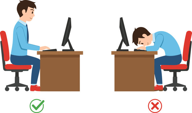 Correct and Incorrect Office Sitting Posture Comparison Showing Proper Ergonomic Position Versus Slouching at Computer Desk