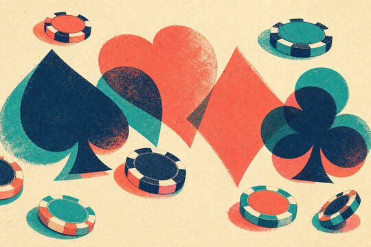 Colorful vintage pattern featuring classic playing card suits and poker chips on a textured beige background. Retro style with overlapping red and blue elements creates a unique design.