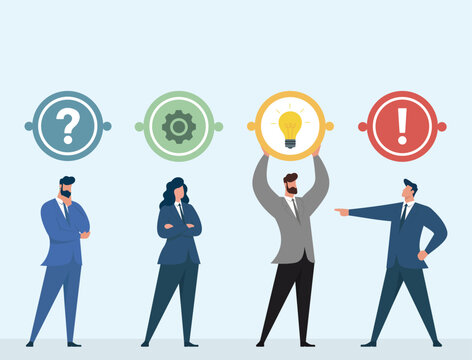 Business team illustrating the problem-solving workflow from initial question and processing to finding a bright idea and taking action, Problem Identification and Analysis
