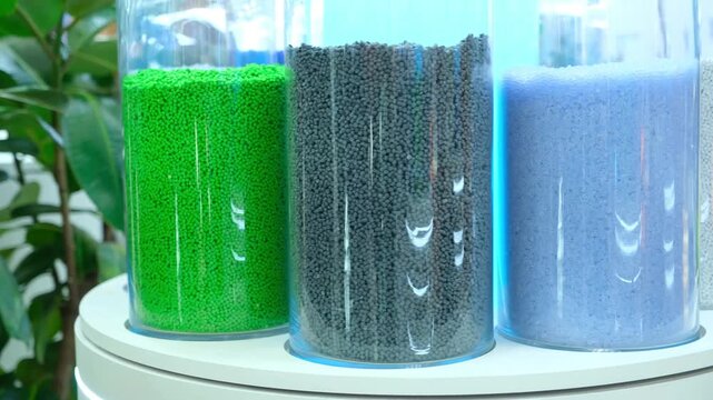 Moscow. Russia, 11.03.2026 Glass cylinders with colorful plastic polymer pellets for industrial manufacturing process. Raw material granules in container for plastic molding production cycle.