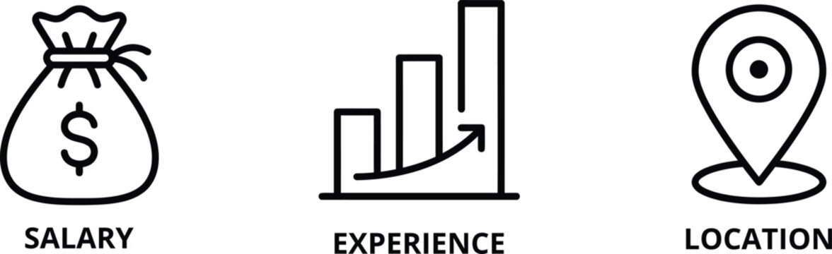 Job Salary Experience Location UI Icon Set, Minimalist Outline Career Symbols with Labels