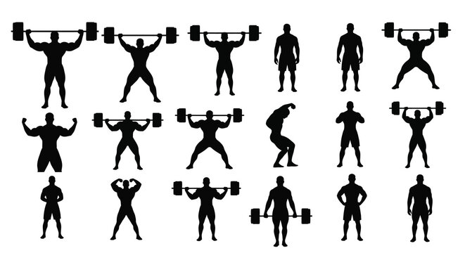 weightlifter silhouettes with barbells isolated on white background