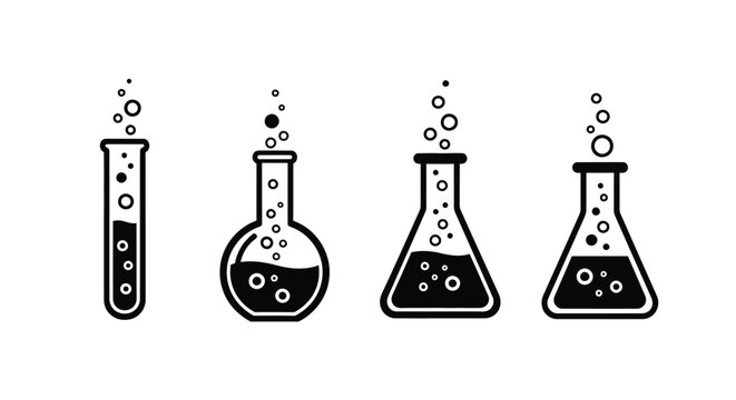 laboratory glassware set black line art on white background
