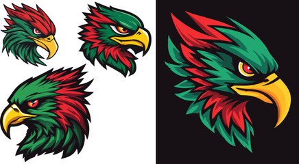 Fototapeta premium Eagle head icons, green, red, yellow, vector graphics, 3 illustrations, bird heads